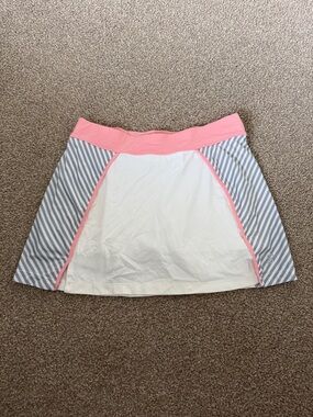 Women's White & Pink Trim Striped Panel Skater Skirt